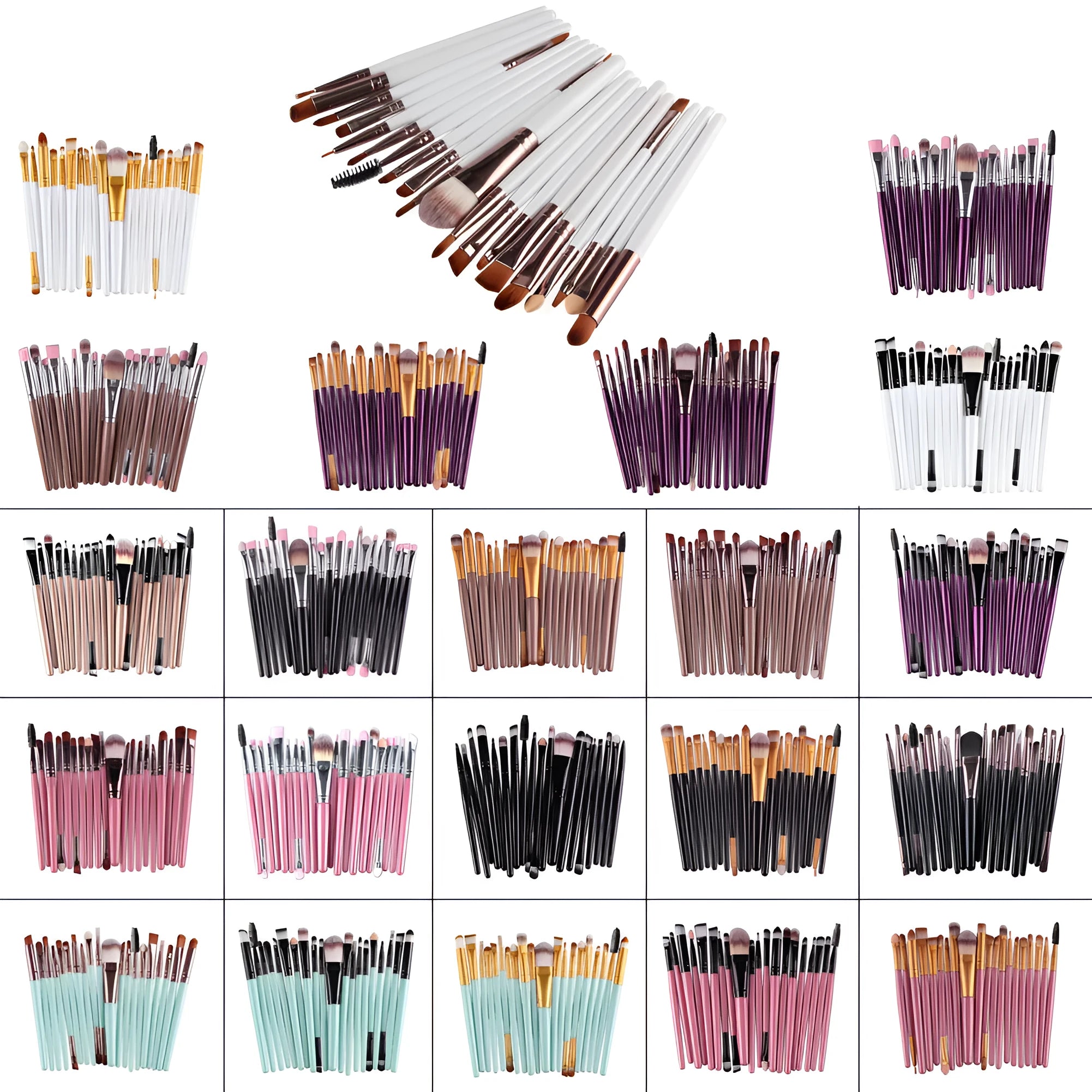 Cosmetic brush kit with nylon bristles and plastic handle, 14cm total length, available in black and gold colour option