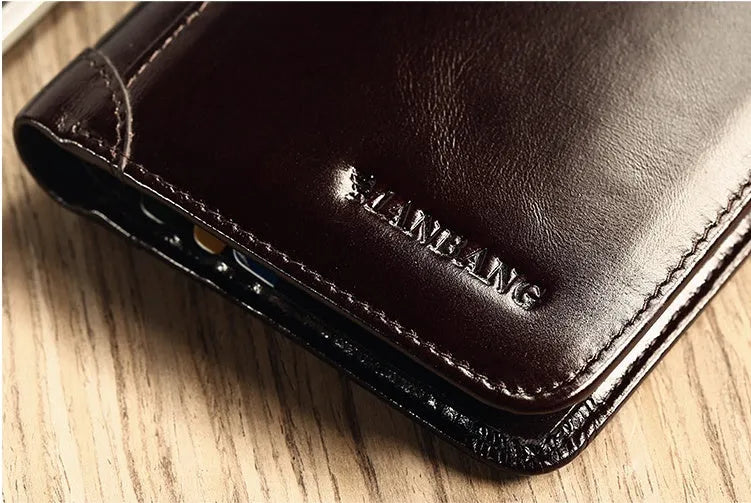 Men's black leather wallet open to show internal compartments for banknotes, cards, coins, and a concealed dark space.