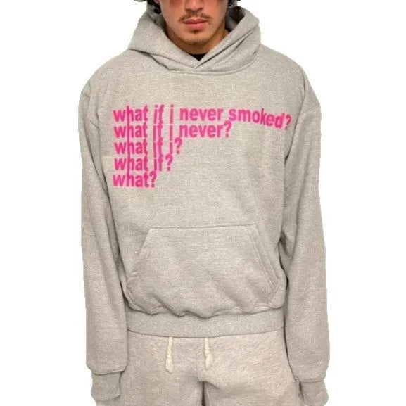 Letter print heavy hooded sweater pullover in heather gray with figure pattern, front view