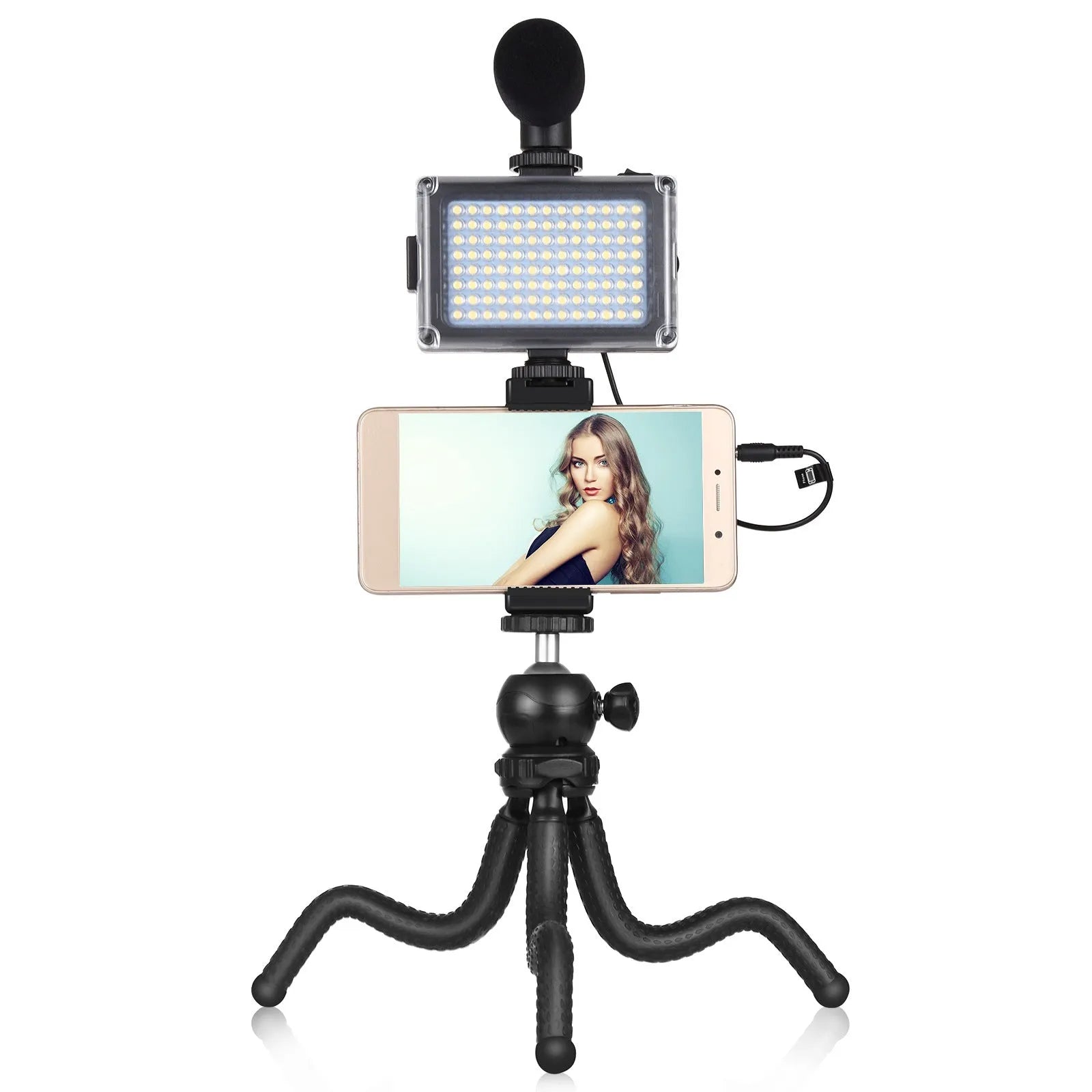 Black flexible octopus tripod with fill light and microphone for live broadcasting