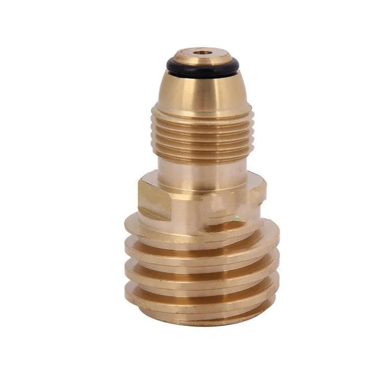 Brass gas brazier adapter with gold finish and external thread taper for 7mm diameter gas connections