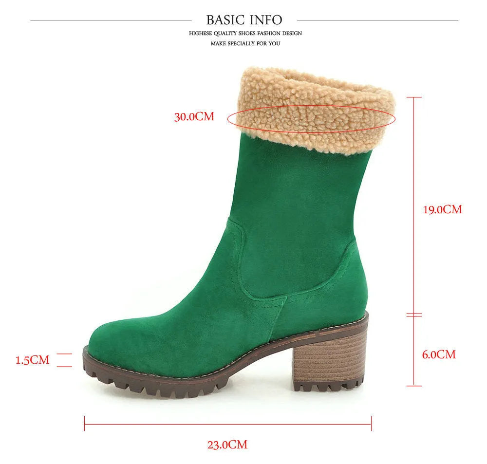 Snow boots with plush lining and rubber sole in black, grey, green, or orange.