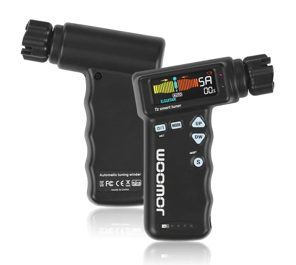 Multi-functional smart guitar tuner with string winder, colour LCD display, black and white, for acoustic and electric guitars