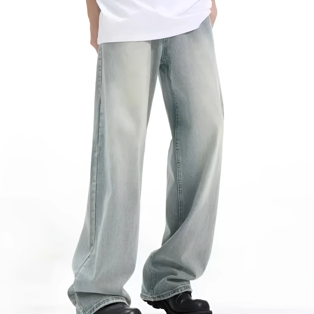 Blue retro-style loose casual trousers made from rabbit fur fabric on a mannequin.