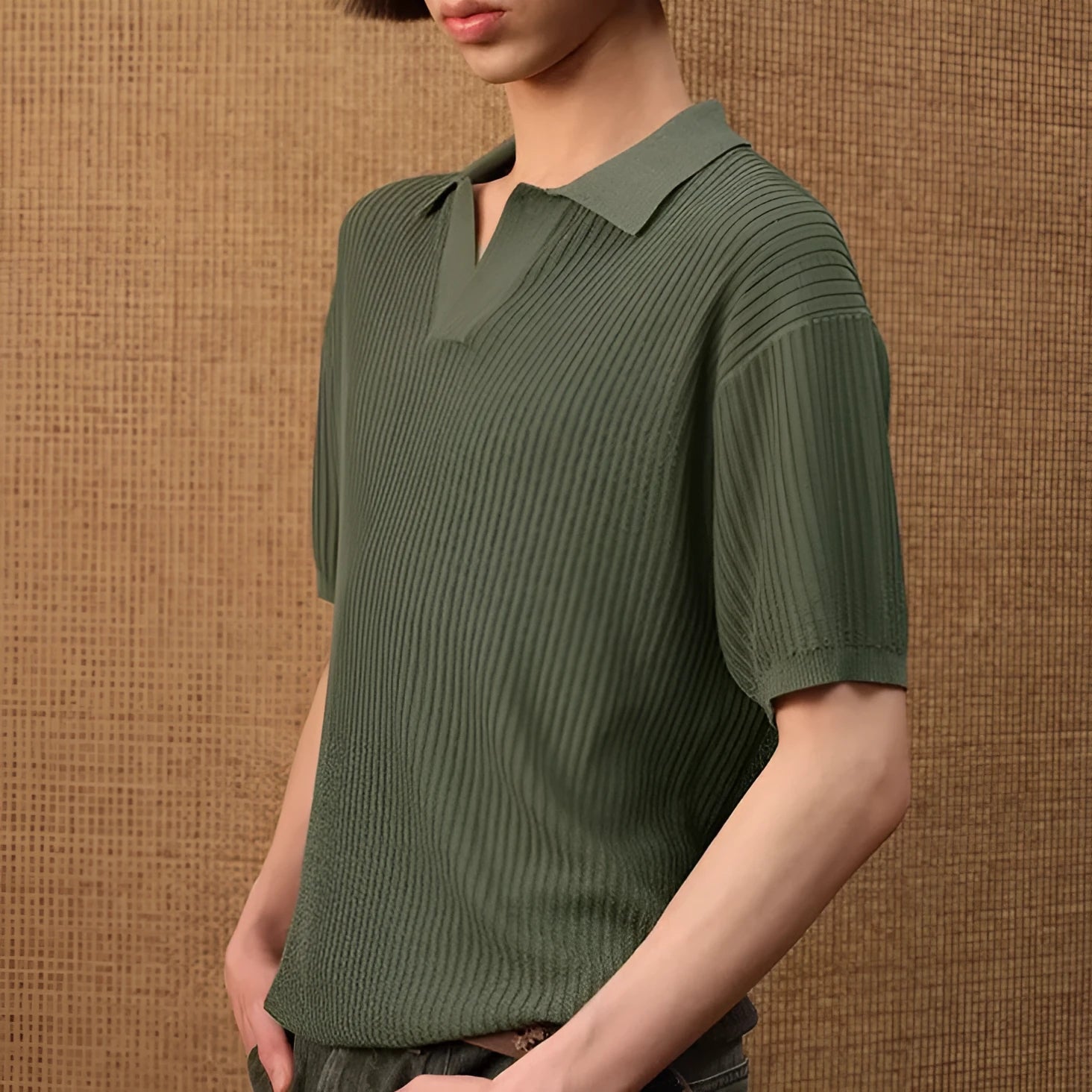 Men's business casual polo shirt with stripe detailing in ice silk breathable fabric