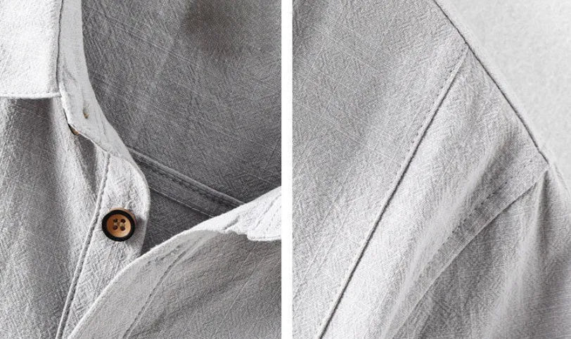 Men's loose-fit linen casual shirt in a solid colour on a hanger