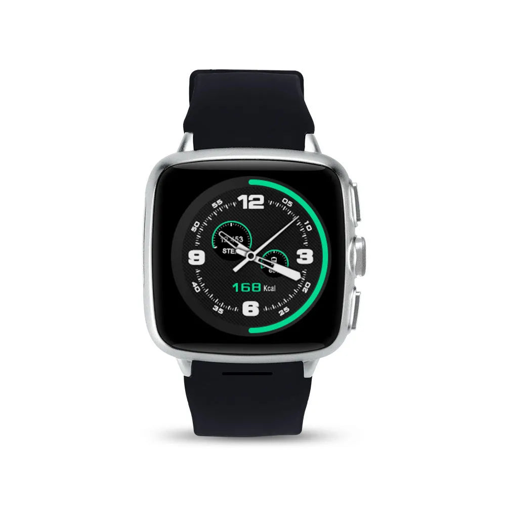 Black and white smart watch with 1.54 inch touchscreen display on a wrist.