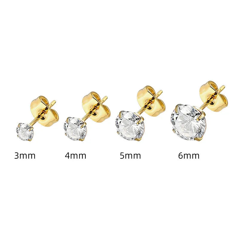 Geometric square zircon stud earrings in gold or steel finish with 2mm to 8mm size options