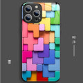 Silicone iPhone case with colourful geometric building block cartoon design on the back.