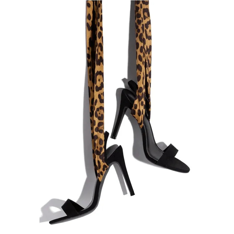 Light brown leopard print women's high heels with Roman cross straps and a high thin heel