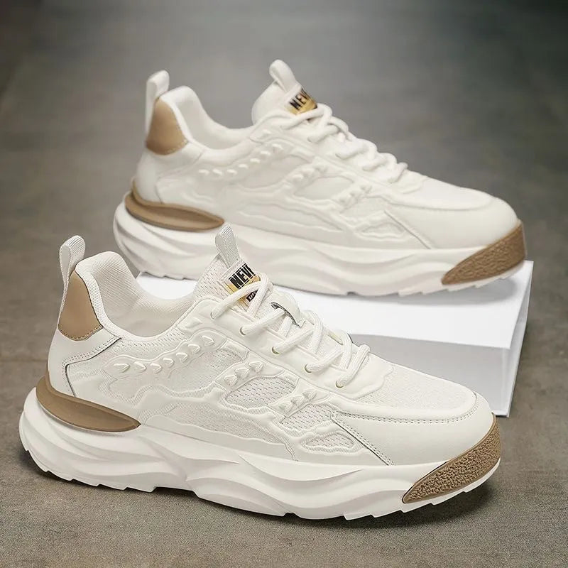 Men's white and black breathable mesh shoes with round toe design showing PU mesh upper construction