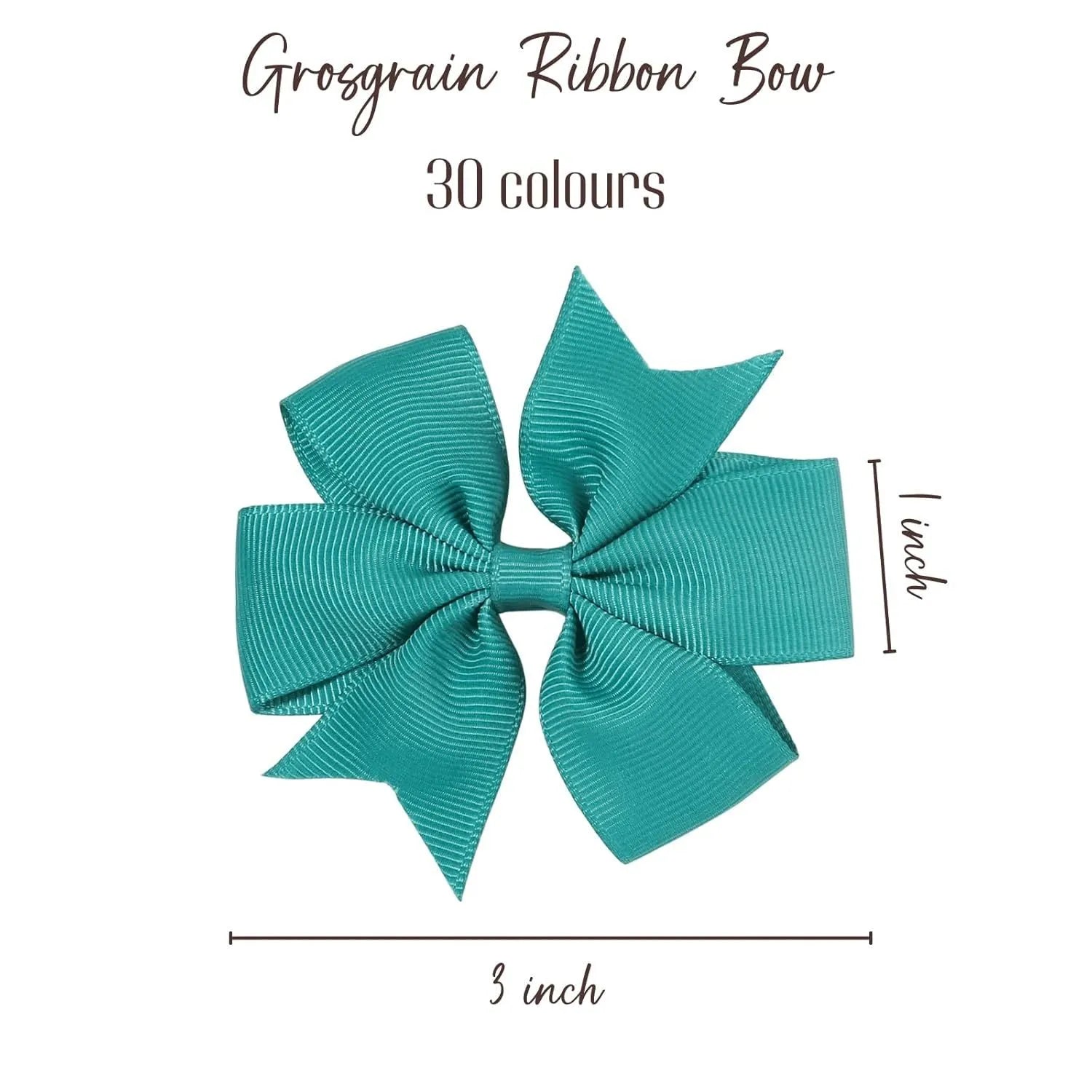 Set of 20 handmade grosgrain ribbon hair bows with alligator clips in assorted colours, each 3 inches long, on a white background