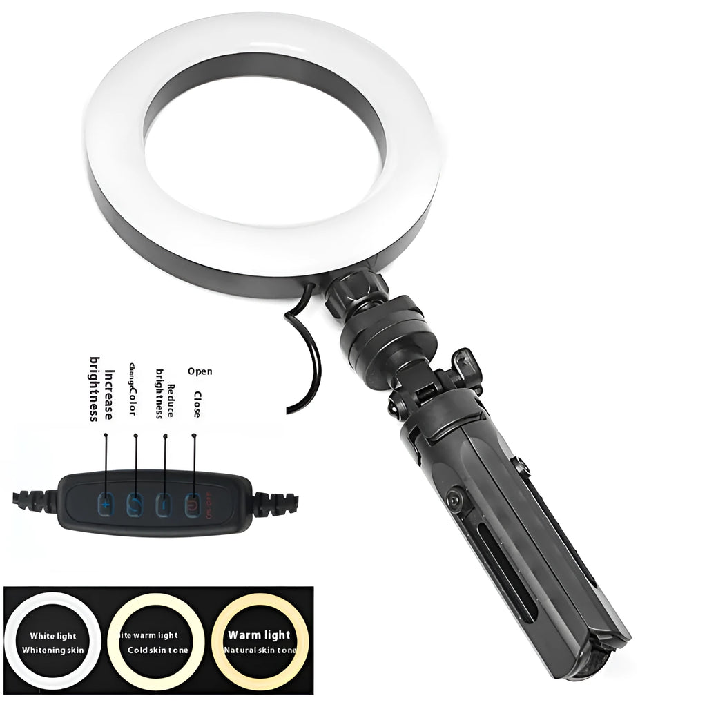 Black desktop fill light tripod suit holding a mobile phone for live streaming video.