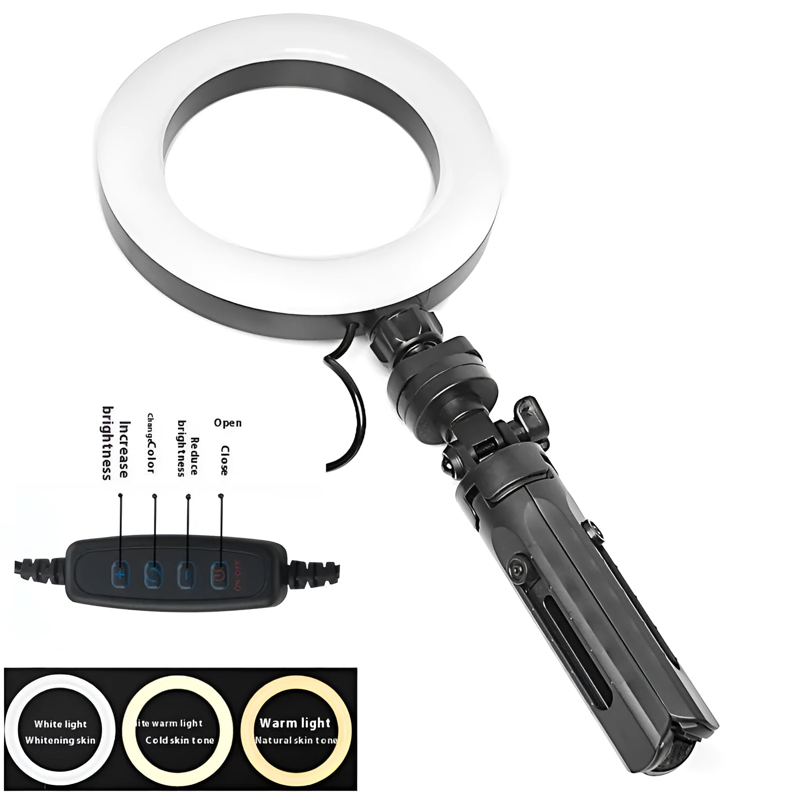 Black desktop fill light tripod suit holding a mobile phone for live streaming video.
