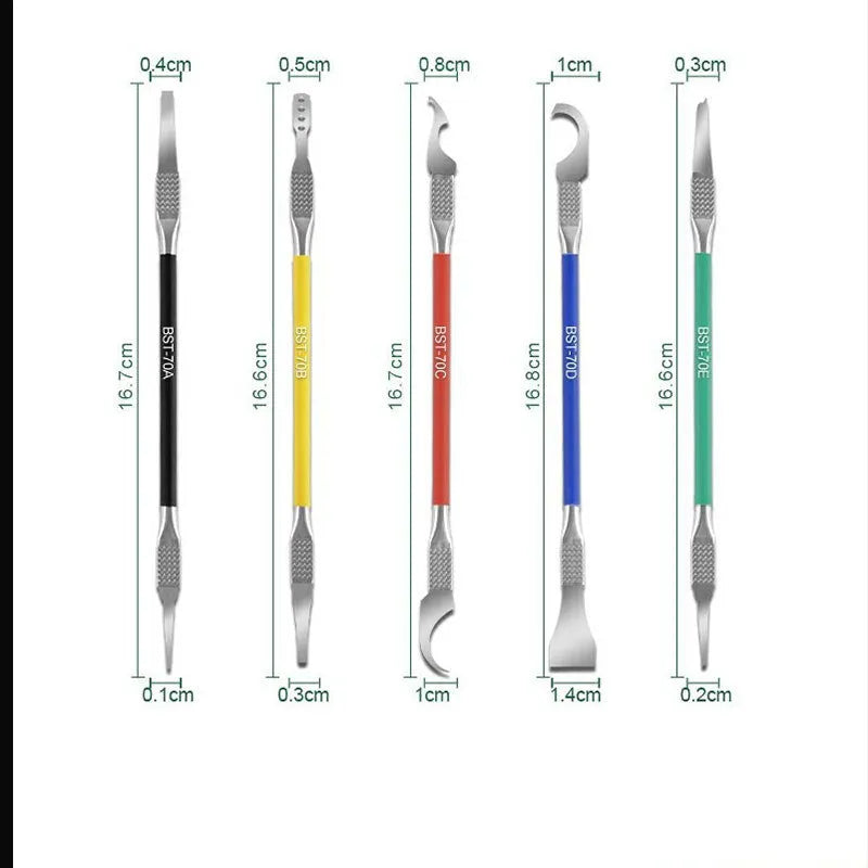 Five stainless steel pry tools with 0.07mm blades from Crowbar series for disassembling plastic components