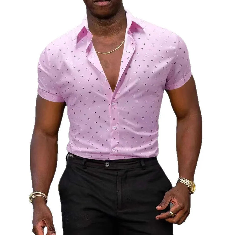 Breathable stretch thin printed short-sleeved men's shirt with floral pattern in white colour, polyester fabric, regular fit.