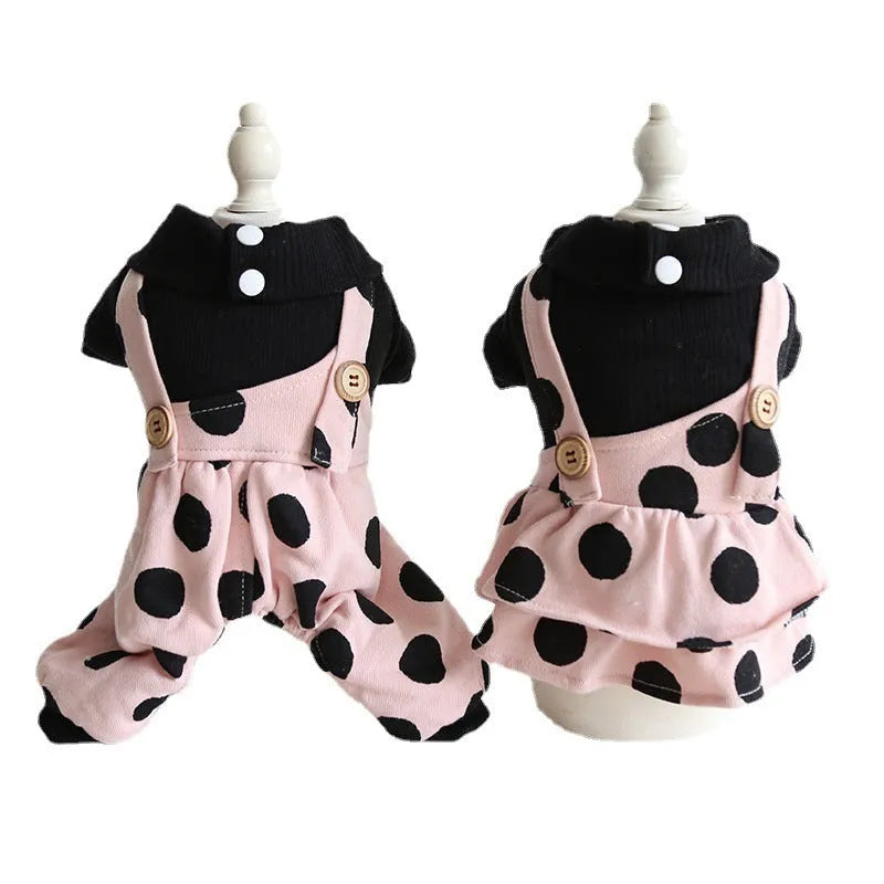 Pet couple outfits with coordinated shoulder straps in four-legged and skirt styles