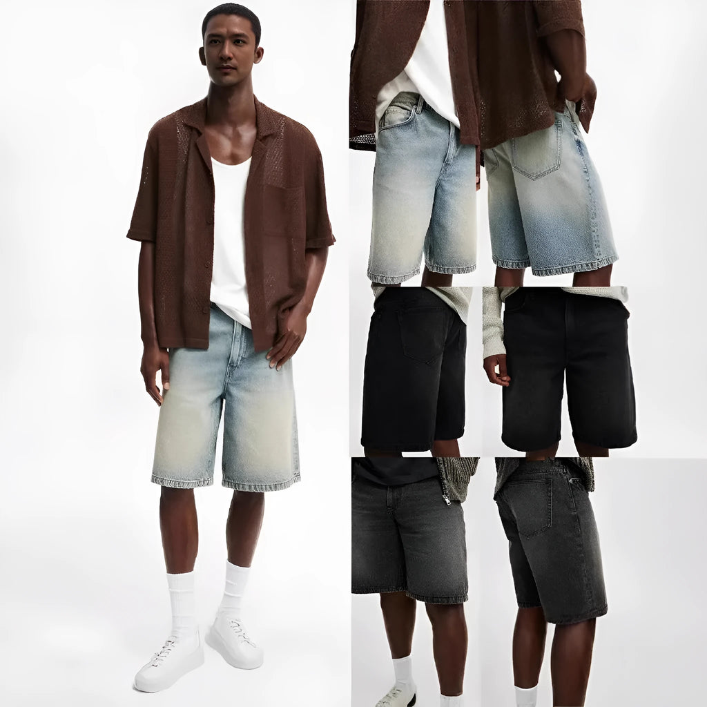 Men's loose straight leg denim jeans in light blue, black and grey colours showing street-style casual fit