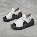 Women's peep toe casual sandals in genuine cowhide leather with raised bottom sole, white colour