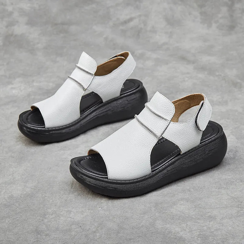 Women's peep toe casual sandals in genuine cowhide leather with raised bottom sole, white colour