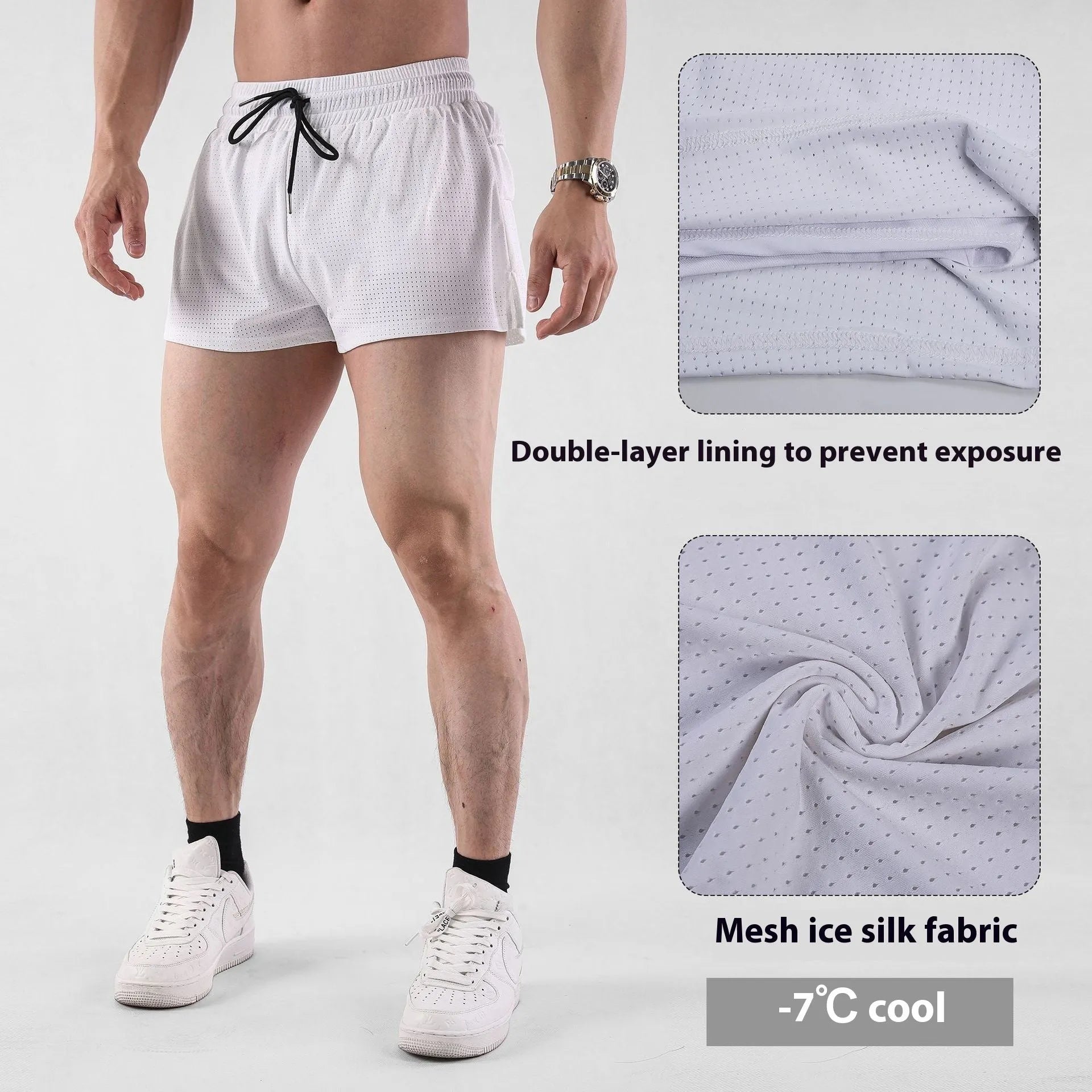 Men's quick-drying nylon summer shorts in black and white colours with mid waist design