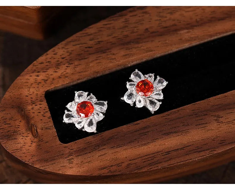 Retro 925 silver earrings with pigeon red diamond temperament and white gold colour electroplated finish, geometric U-shaped design