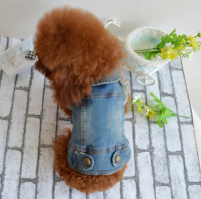 Retro scratch pattern denim dog vest for small pets in dark and light colour options