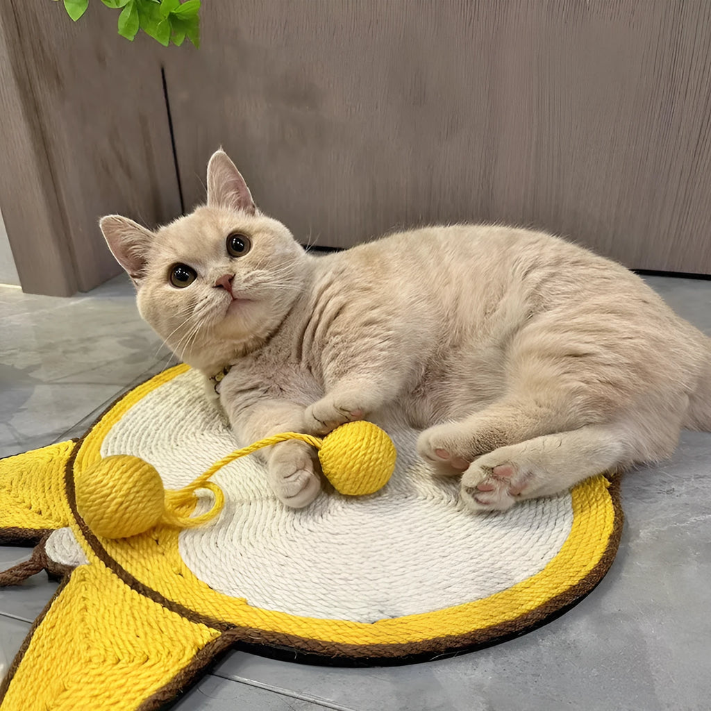 Yellow sisal cat scratching board with Corgi design and anti-slip base.