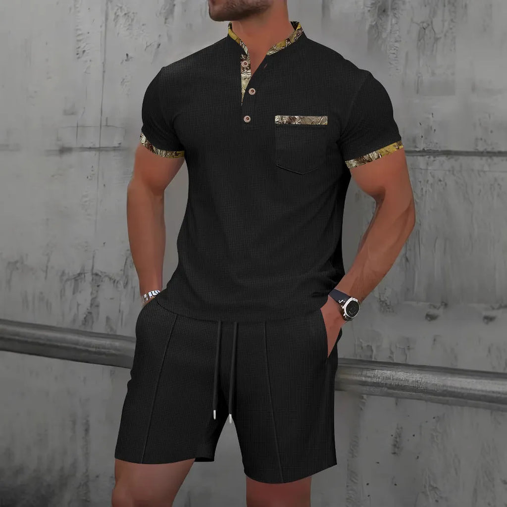 Men's grey cotton blend waffle zip polo short sleeve suit with matching shorts