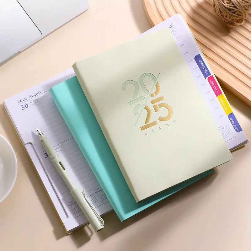 2025 A5 daily plan schedule book with soft faux leather cover in blue, pink, yellow, purple and green