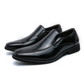 Men's patent leather casual pointed toe shoes in black with rubber sole and flat heel
