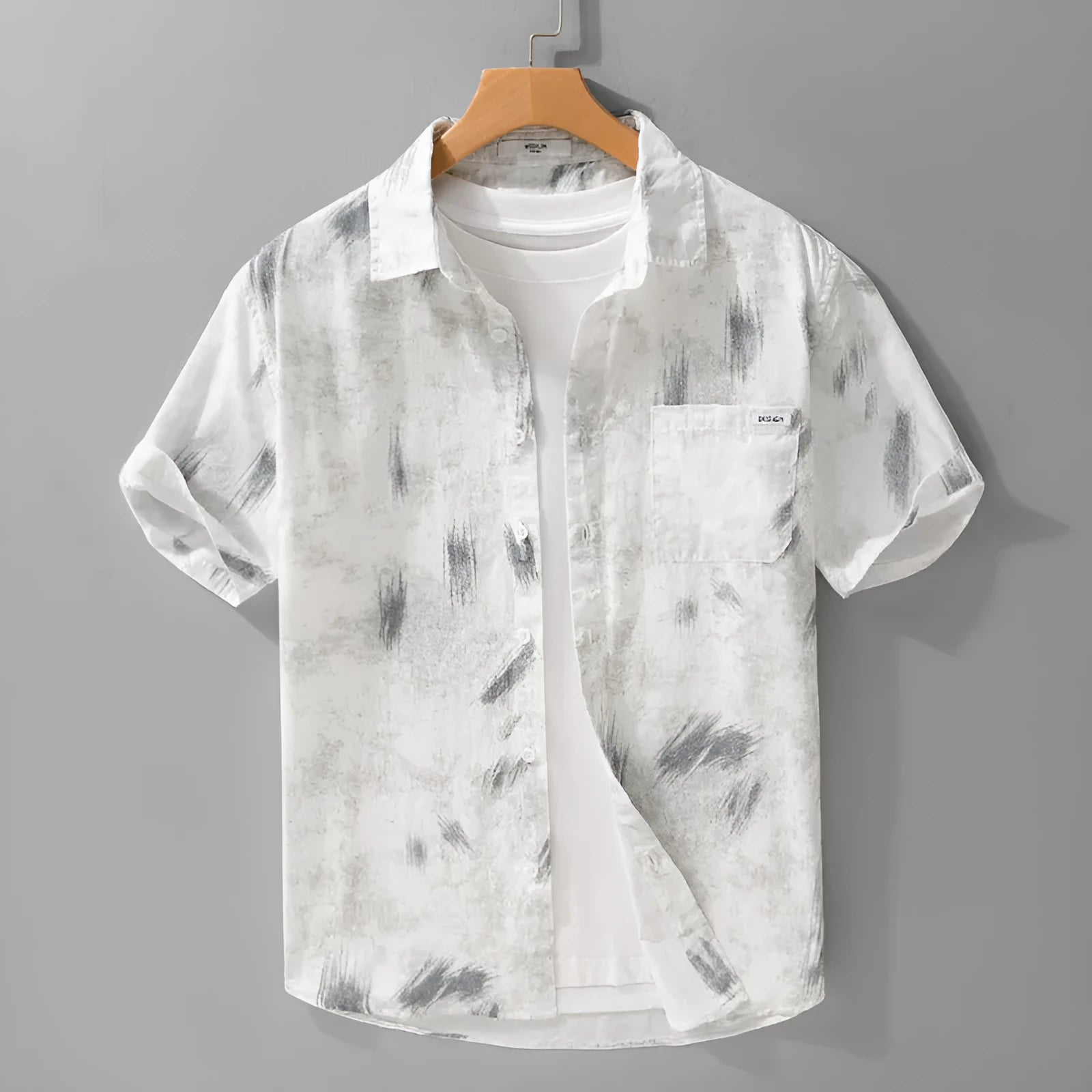 Summer mens cotton short sleeve cardigan with floral print in light green and white loose fit