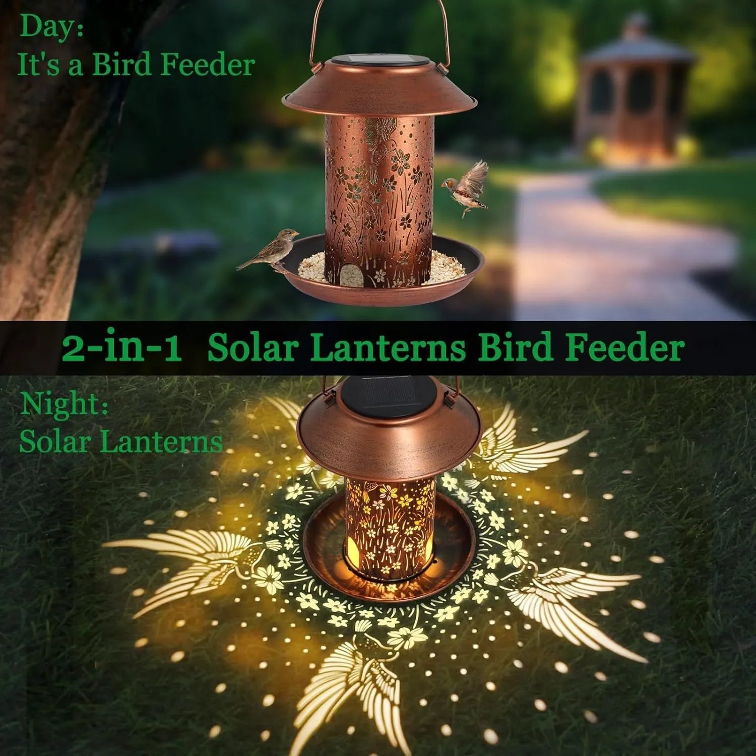 Hummingbird pattern solar lamp bird feeder with iron art construction for outdoor gardens