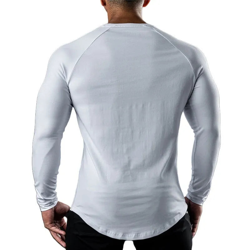 Men's long sleeve tight cotton sports t-shirt in army green, round neck, quick-dry exercise top