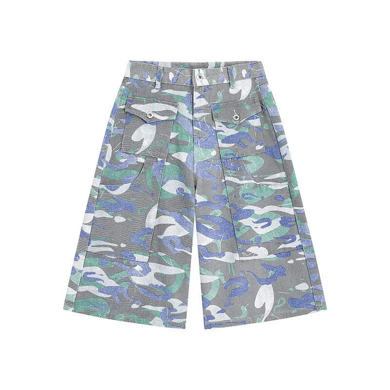 Denim camouflage cropped trousers with front pocket and straight-leg design for summer workwear