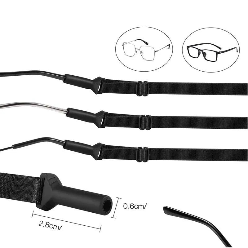 Black adjustable glasses strap with silicone earpiece ends for adult and children's eyewear security