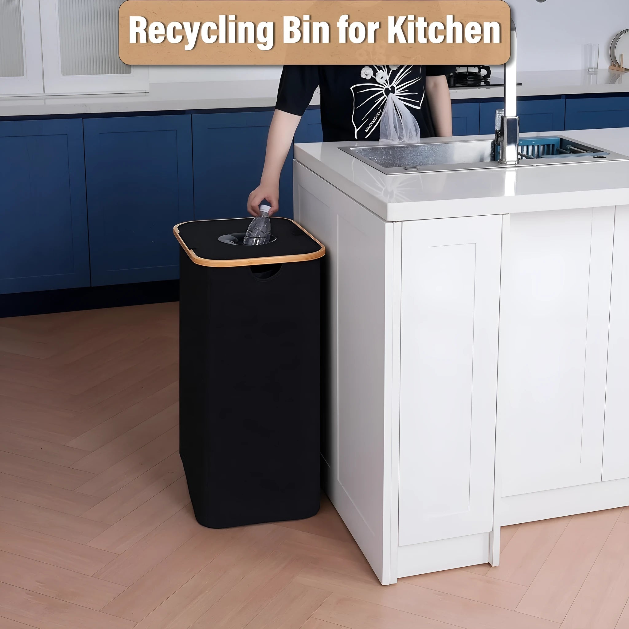 Black bamboo laundry basket with removable lid showing ventilation holes and inner storage pockets