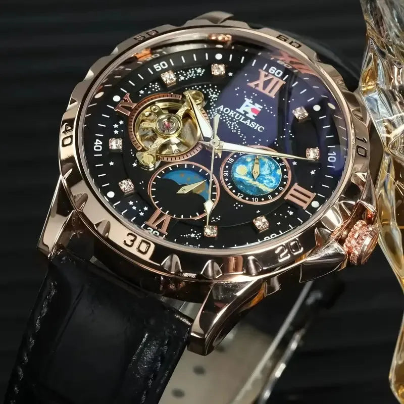 Men's black and rose gold automatic watch with a skeleton dial and leather strap.