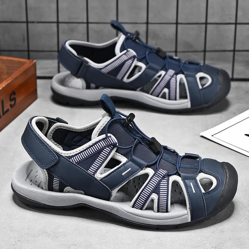 Men's LX01 Blue casual sports shoes with mesh upper, rubber sole, and Velcro strap.