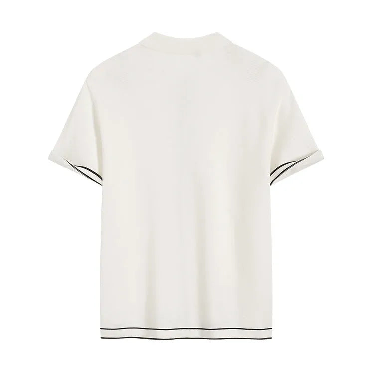 White short-sleeve cardigan with contrast colour lapels in old money style