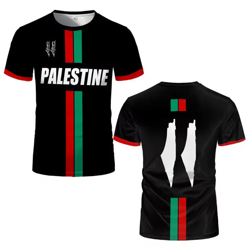 Man's black 3D printed football graphic T-shirt with half sleeves on a hanger