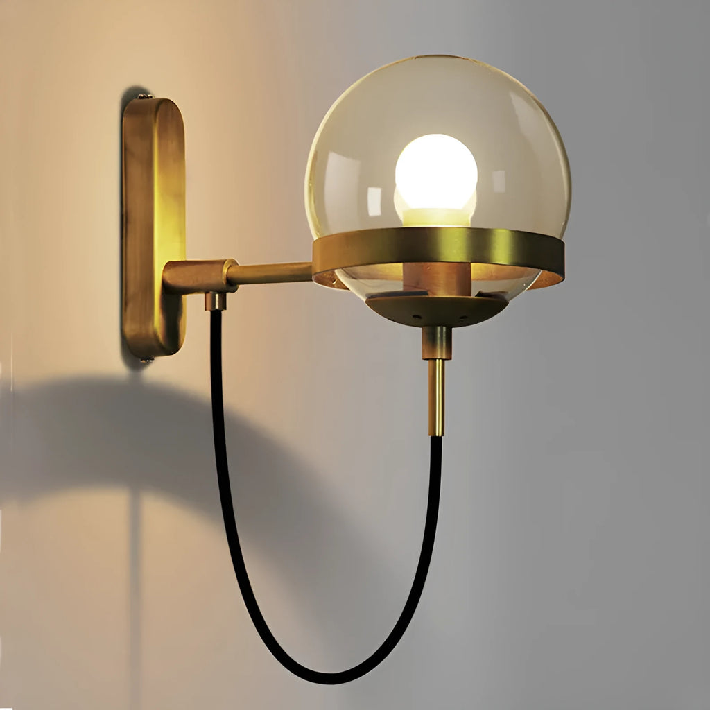 Modern retro wall lamp with glass shade, push button switch, black finish, LED light source for indoor use