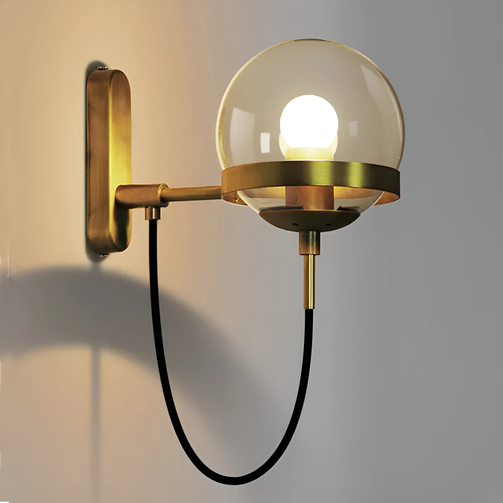 Modern retro wall lamp with glass shade, push button switch, black finish, LED light source for indoor use