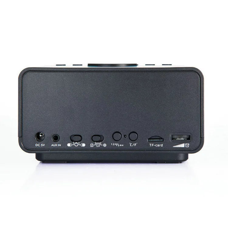 Wireless alarm clock speaker in black with digital display and Bluetooth streaming