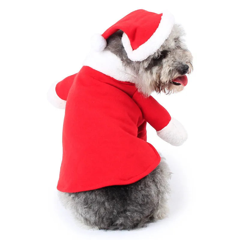Red polar fleece pet Christmas costume with Santa Claus design on a standing dog