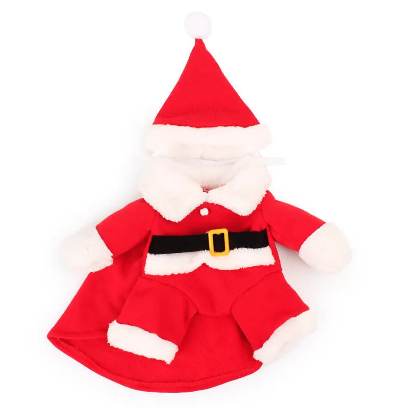Red polar fleece pet Christmas costume with Santa Claus design on a standing dog