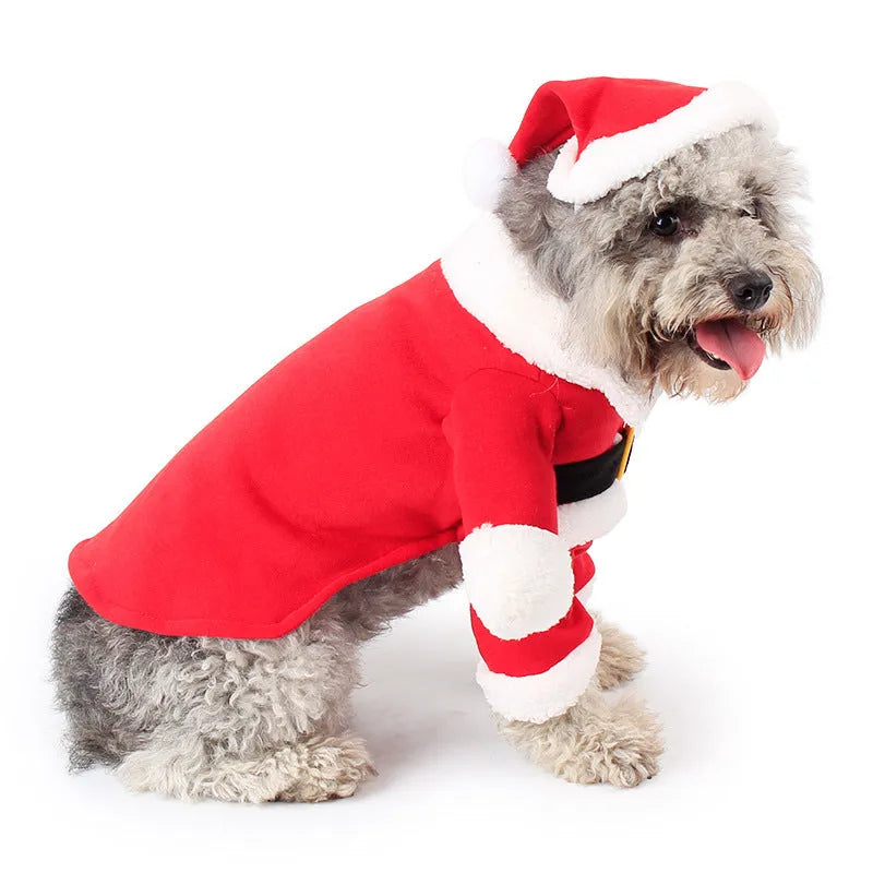 Red polar fleece pet Christmas costume with Santa Claus design on a standing dog