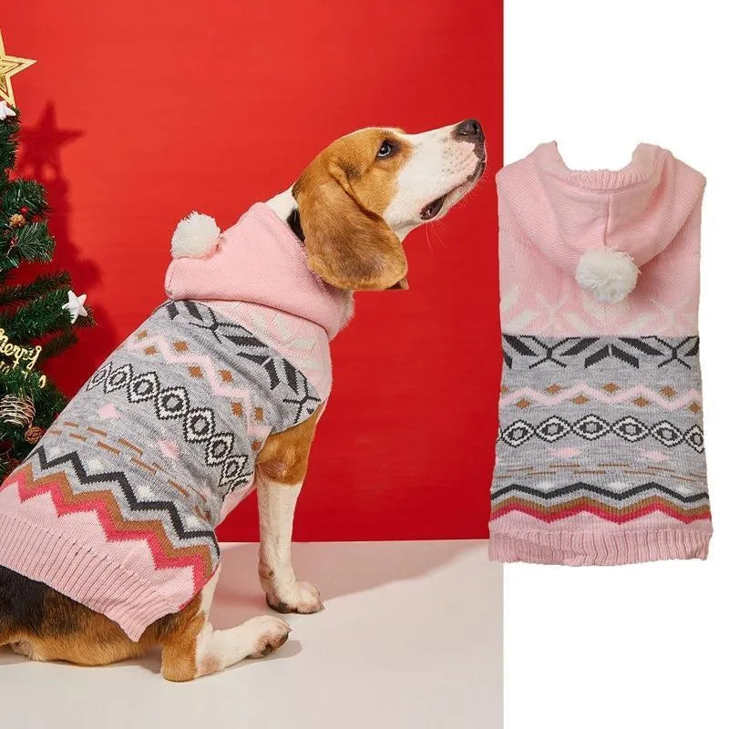 Blue diamond pattern dog sweater on pet model showing knit texture and fit