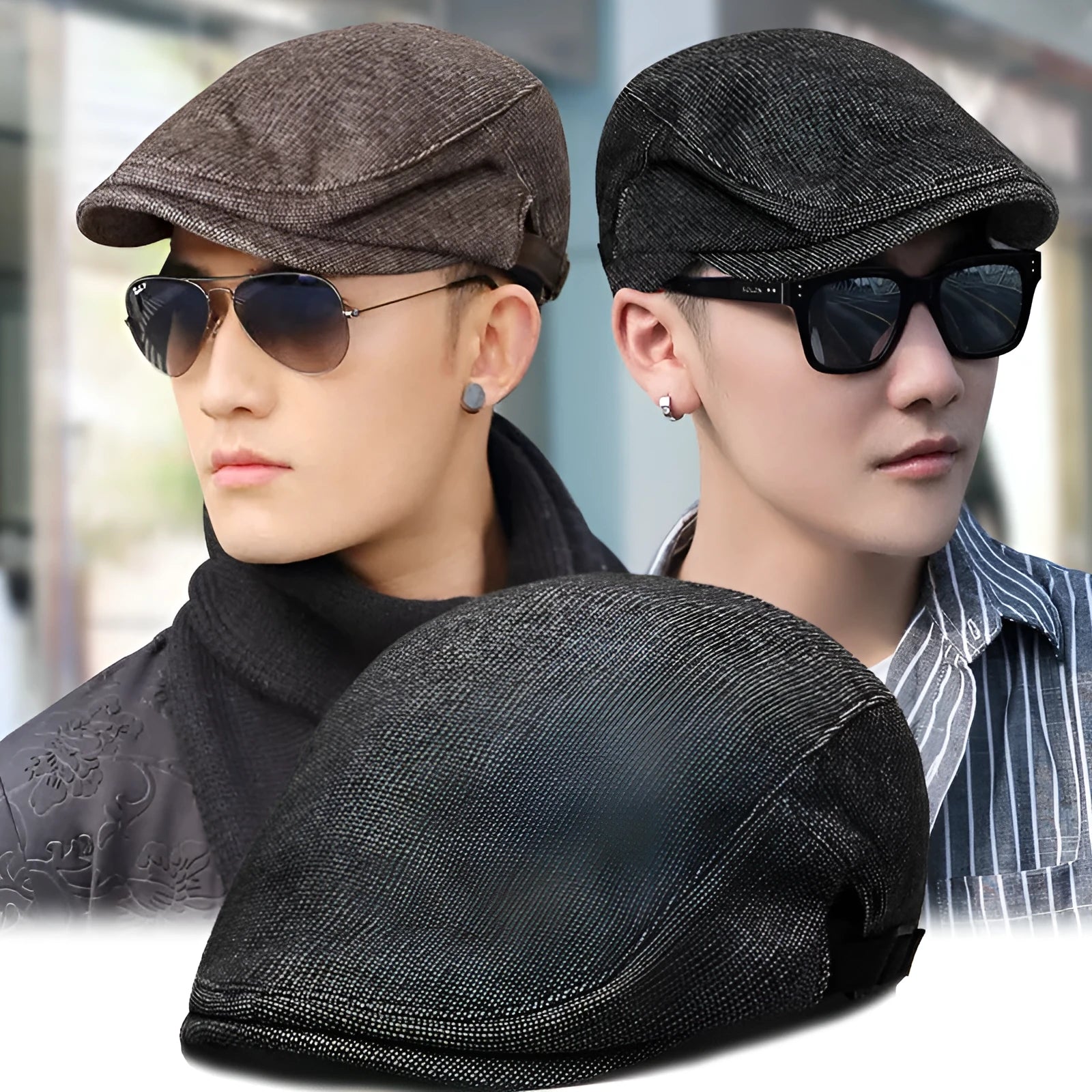 Men's pure colour cotton and linen beret in dome crown style, adjustable 55-58cm, available in black, brown, dark gray, light gray