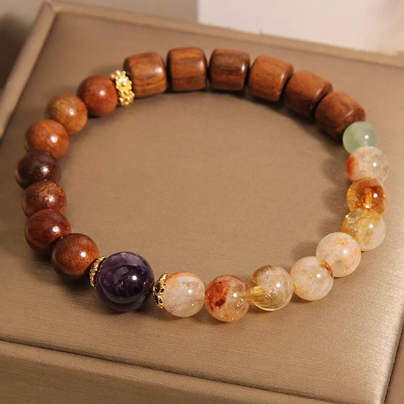 Women's pastoral bracelet with yellow tower crystal, amethyst stones, pearls and rhinestones
